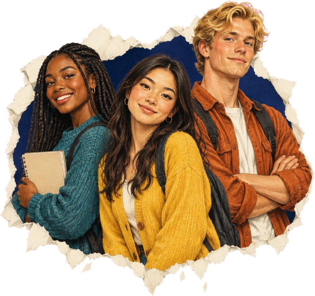 Three confident economics students breaking through the page